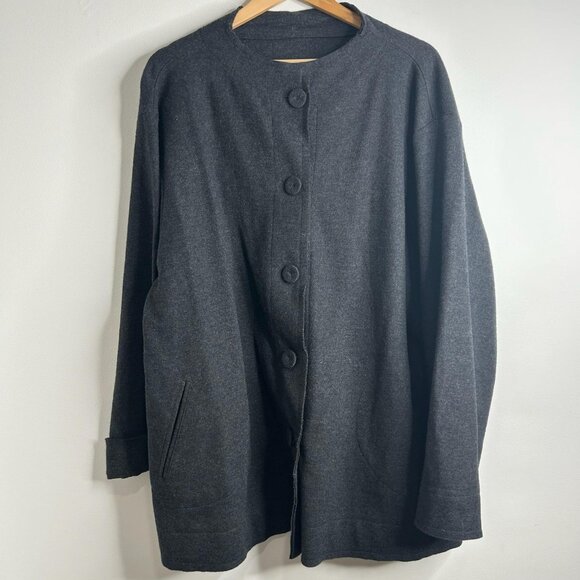 Eileen Fisher Jacket Chore Coat Womens XL Charcoal Boiled Wool Collarless Luxury - Picture 1 of 9